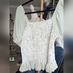 JODIFL Green and White Striped Smocked Square-Neck Blouse